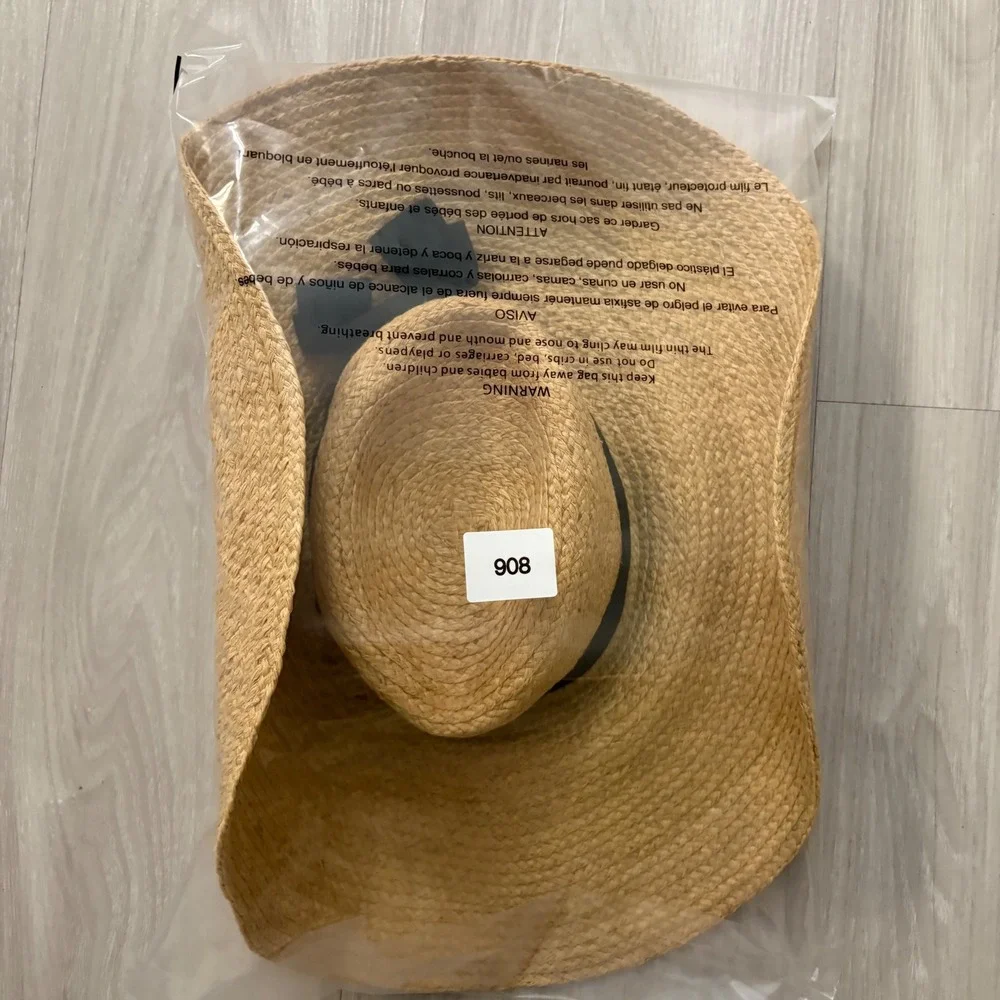 Woven Straw Hat Women Wide Brim Tan with Black Ribbon Bow Accent Summer Beach